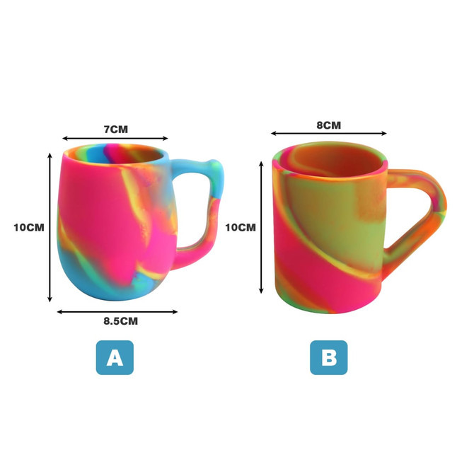 A custom silicone mug in vibrant pink, blue, and green colours, featuring a handle and different sizes.