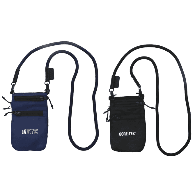 Two water-resistant pouches in blue and black, each with a logo and adjustable straps.