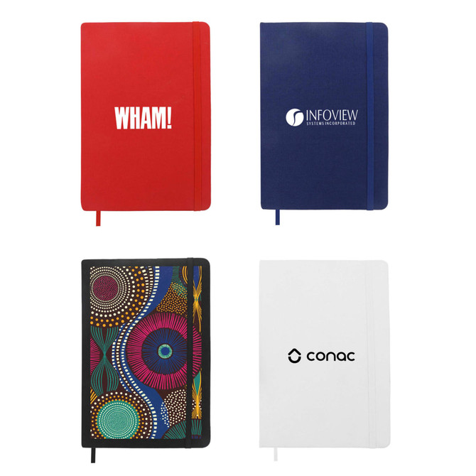 A collection of four A5 notebooks in red, blue, black with a pattern, and white, each featuring a logo.