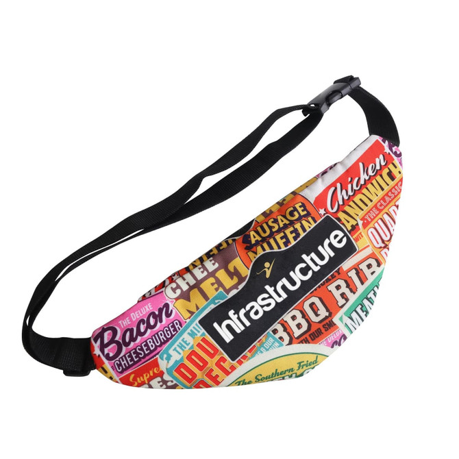 A multi-coloured bum bag with various food-themed graphics and a logo on the front. Features an adjustable strap.