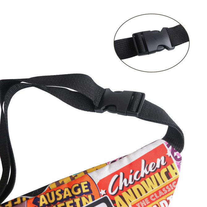 A full colour bum bag featuring various prints, with a black adjustable strap and a plastic buckle.