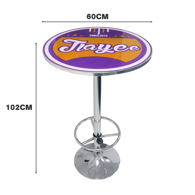 A round, purple bar table with a chrome base, measuring 60 cm in diameter and 102 cm in height.