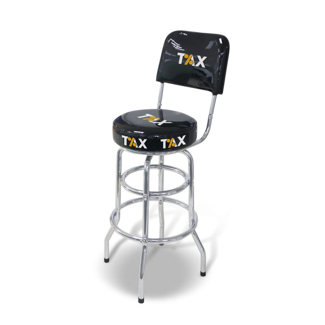 A black bar stool with a backrest and chrome legs, featuring a logo on the seat.