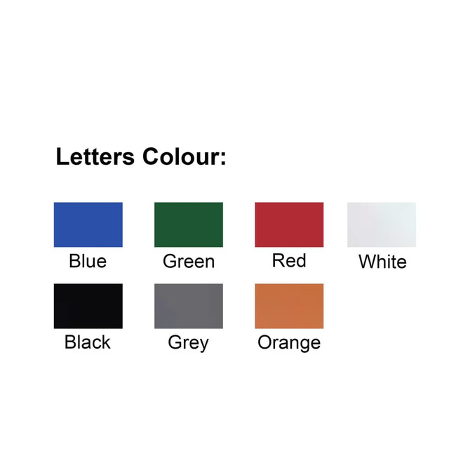 A colour palette featuring blue, green, red, white, black, grey, and orange swatches for letters.