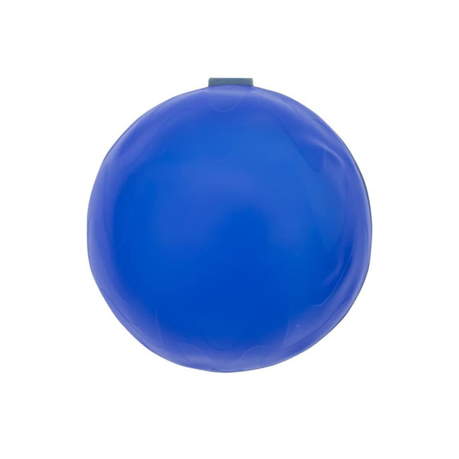 A blue reusable water balloon with a smooth surface and a small opening at the top, featuring a logo.