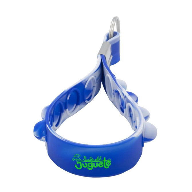 A blue Popper Stress Reliever Key Chain with a loop design and a branding logo attached.