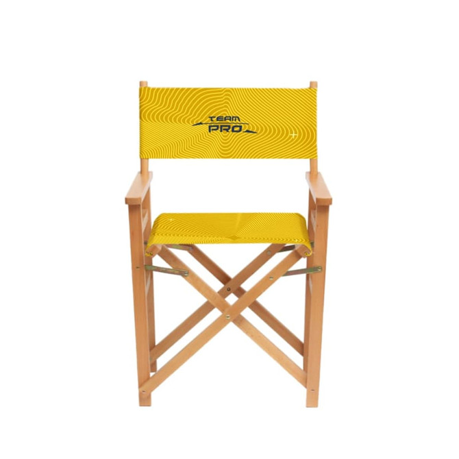 A director's chair with a yellow fabric seat and backrest, featuring a logo, and wooden frame.