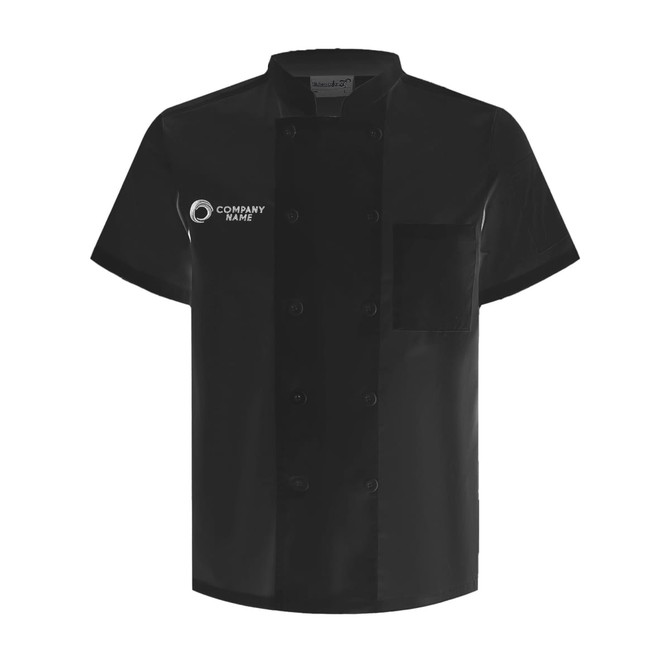 A black short-sleeved double-breasted chef jacket featuring one pocket and a logo.