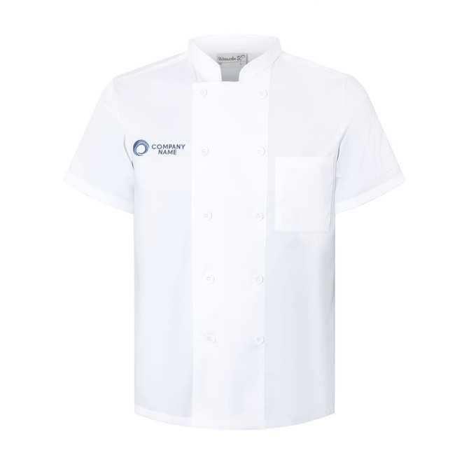 A white short-sleeved double-breasted chef jacket with a chest pocket and a logo on the front.