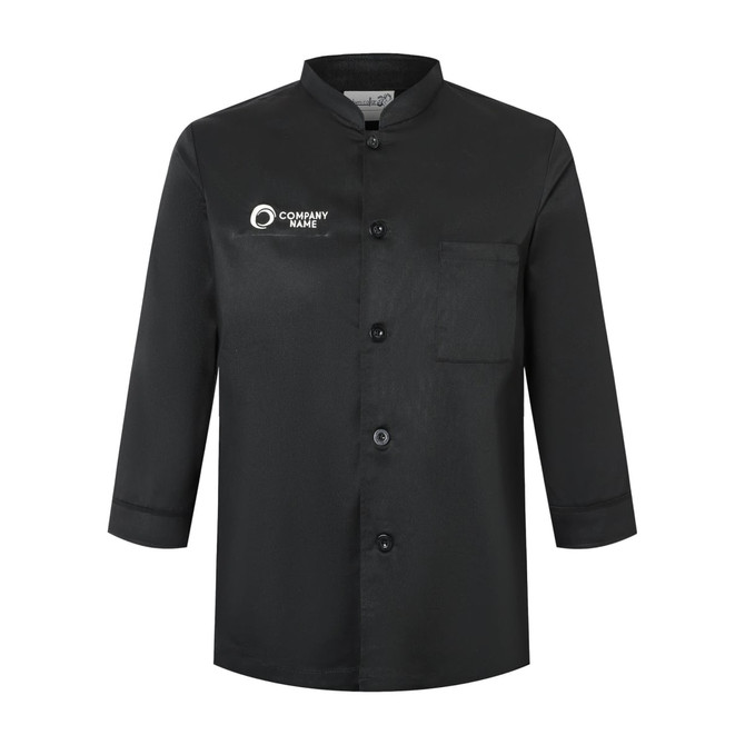A black, 3/4 sleeve, single-breasted chef jacket with a chest pocket and a logo.