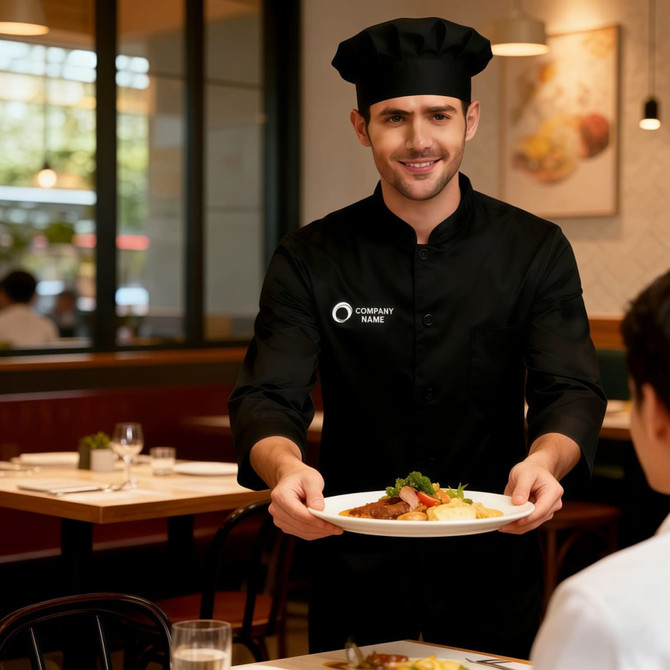 A chef in a black 3/4 sleeve single-breasted jacket presents a plated meal in a restaurant setting.