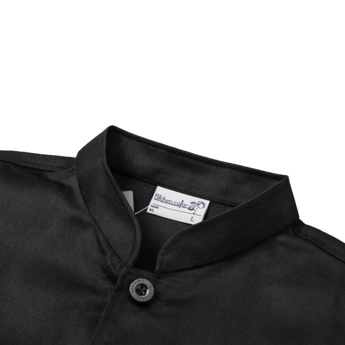 A black classic 3/4 sleeves single breasted chef jacket with a mandarin collar and button closure.