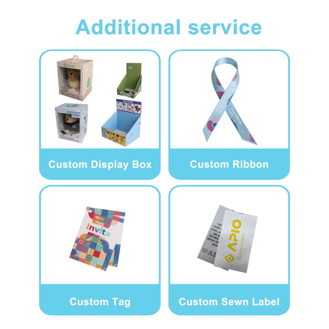 A selection of custom packaging options including display boxes, ribbons, tags, and sewn labels in various designs and colours.