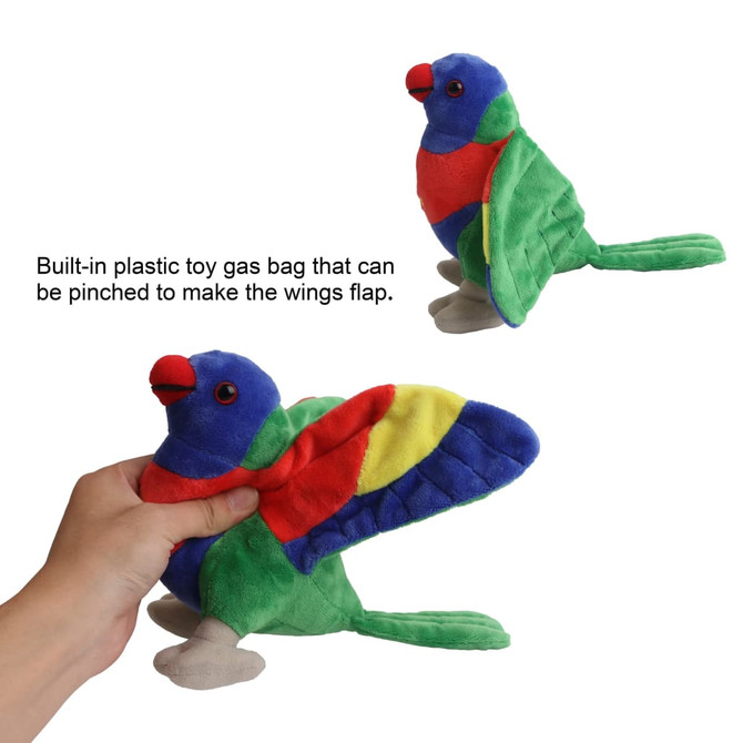 A colourful lorikeet plush toy with vibrant red, green, blue, and yellow fabric, featuring flappable wings.