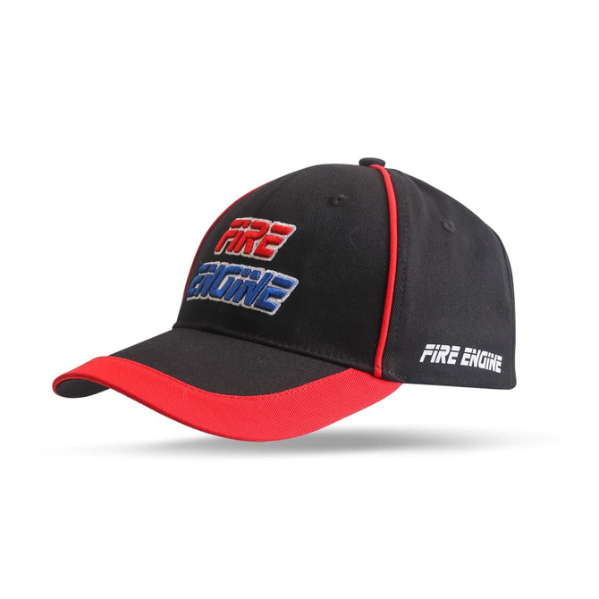 A black cap with red trim and a logo on the front. It features embroidered text in blue and red.
