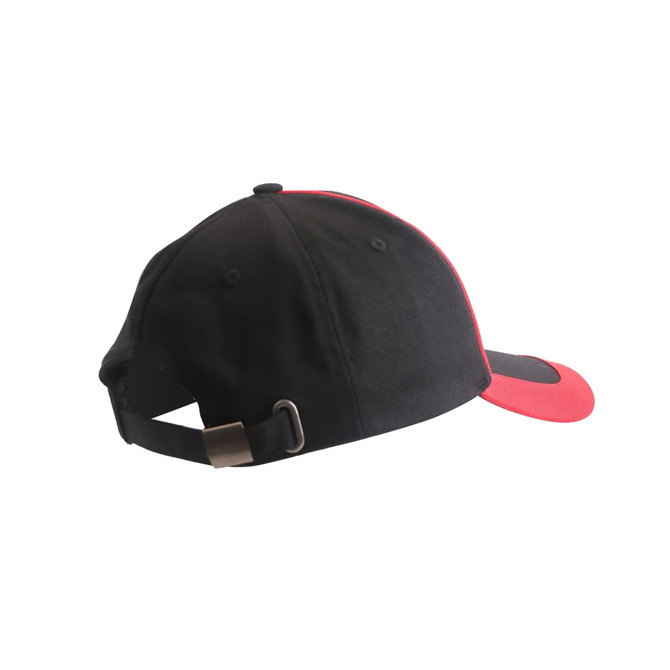 A black cap with a red brim and contrast trim, featuring an adjustable strap at the back.