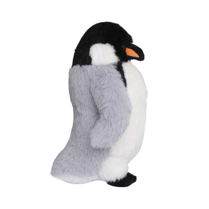 A plush toy penguin in grey and white, featuring an orange beak and a black head. It has a branding logo.