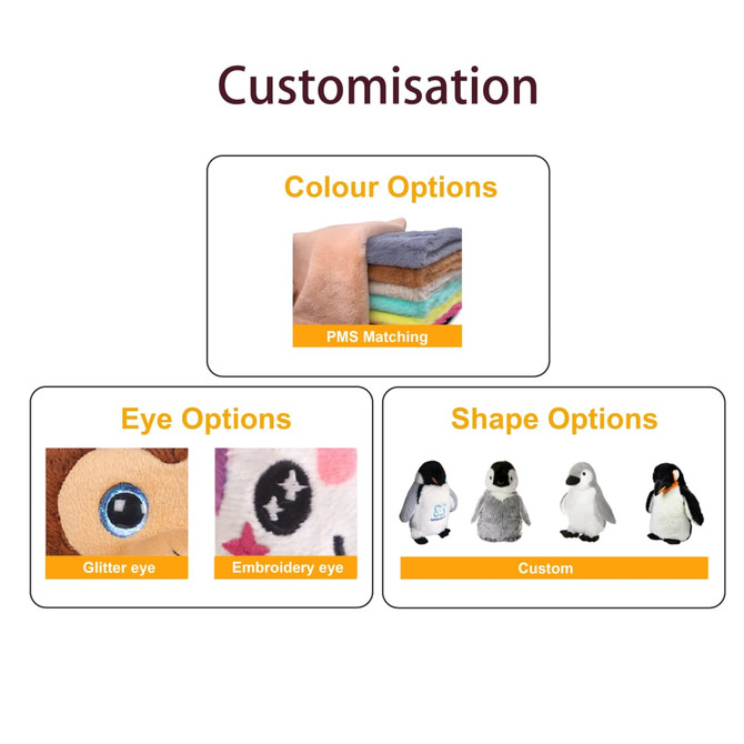 Custom penguin plush toy featuring various colour, eye, and shape options. Includes a branded logo.