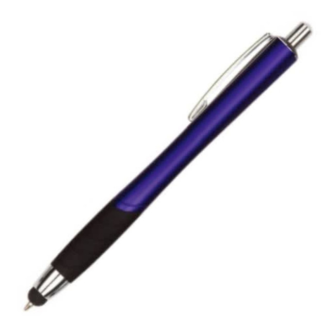 A blue stylus pen with a black grip and silver accents, featuring a clip and a ballpoint tip.