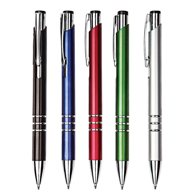 A collection of five plastic pens in black, blue, red, green, and silver, featuring metal accents and a logo.