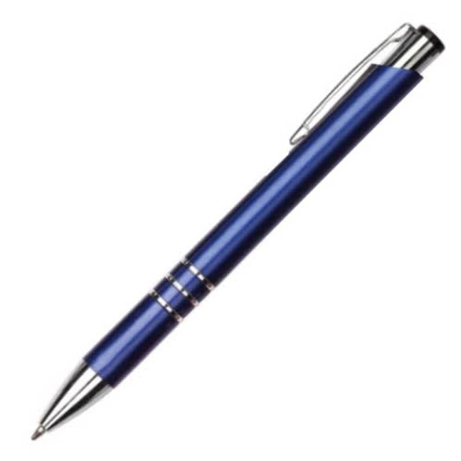 A blue plastic pen with silver accents and a clip, featuring a sleek and modern design.