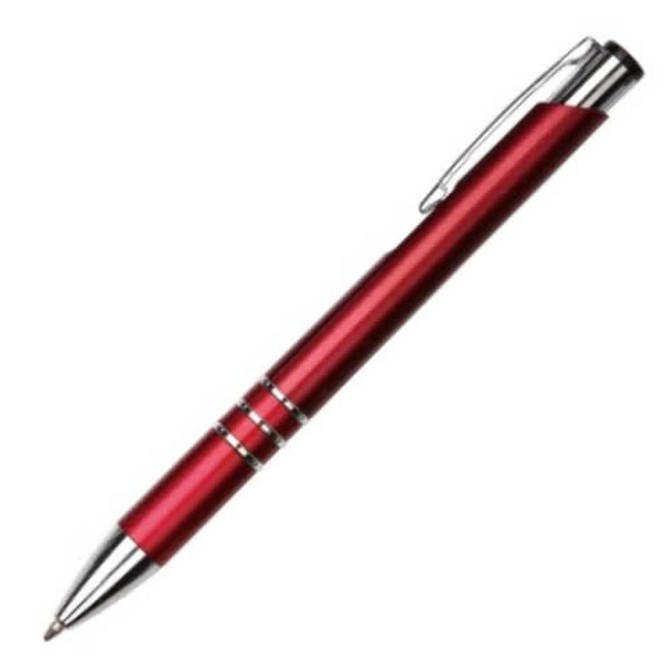 A red metal pen with chrome accents and a clip, featuring decorative rings on the barrel.