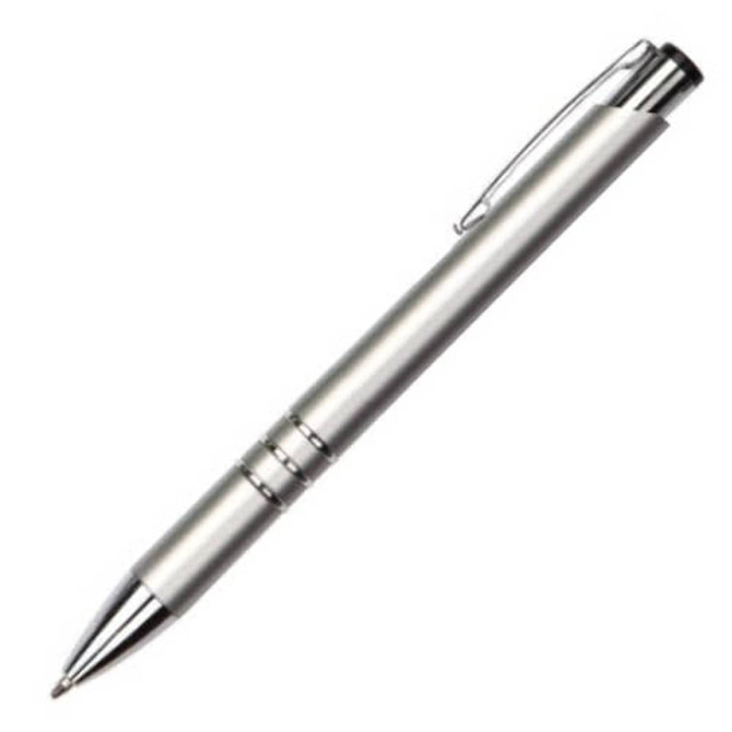 A silver plastic pen with a metal clip and accents, featuring a sleek design and a logo on its body.