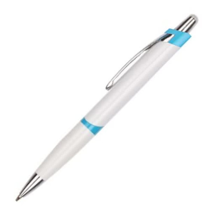 A plastic pen featuring a white body and blue accents, with a metal clip and tip.