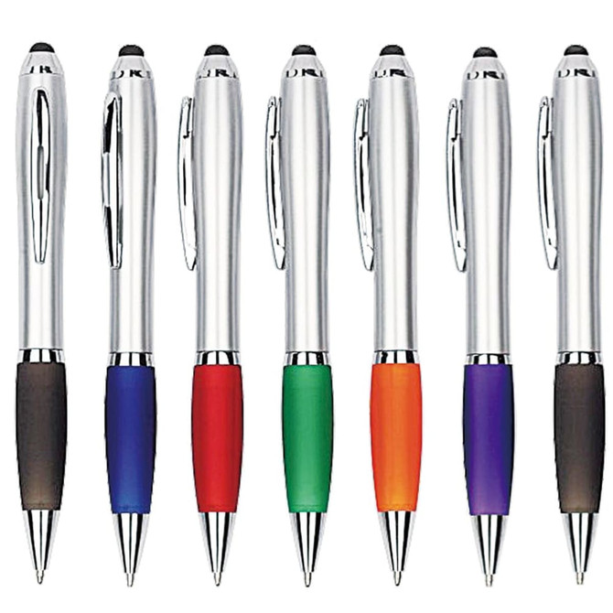 A selection of seven stylus pens in various colours, including silver, red, green, orange, and purple, with branding.