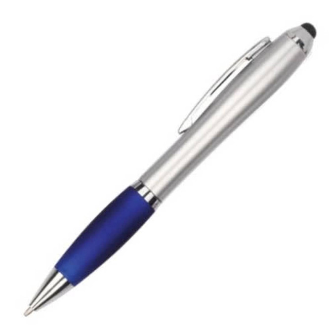 A plastic pen with a silver body and blue grip, featuring a stylus tip and a clip.