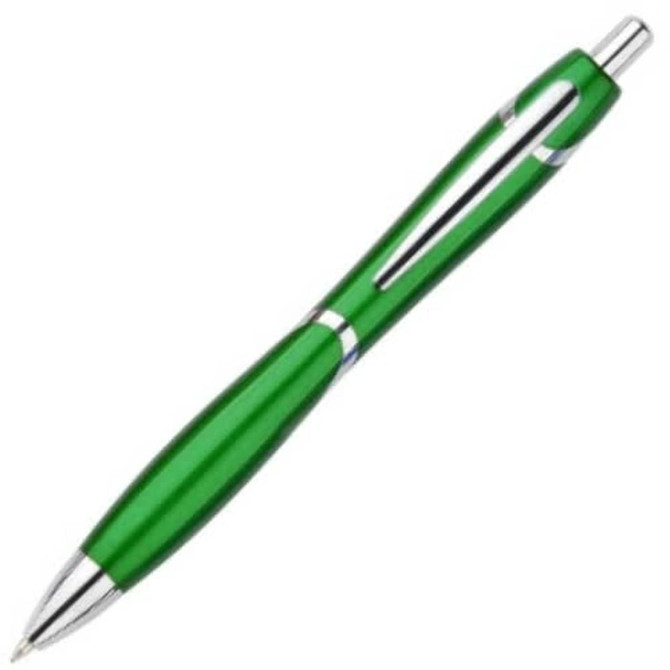 A green plastic pen with a sleek design and chrome accents, featuring a logo on its side.