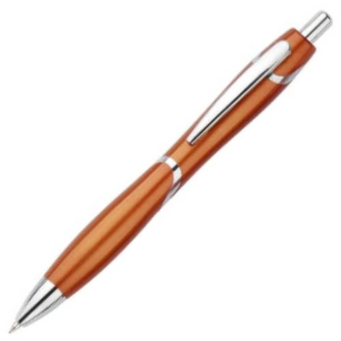 An orange plastic pen with silver accents and a clip, featuring a smooth finish and sleek design.