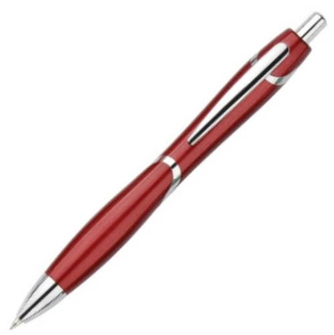 A red plastic pen with silver detailing, featuring a logo on its body.