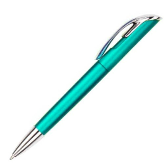 A turquoise pen with a chrome clip and tip, featuring a sleek, modern design and a branded logo.
