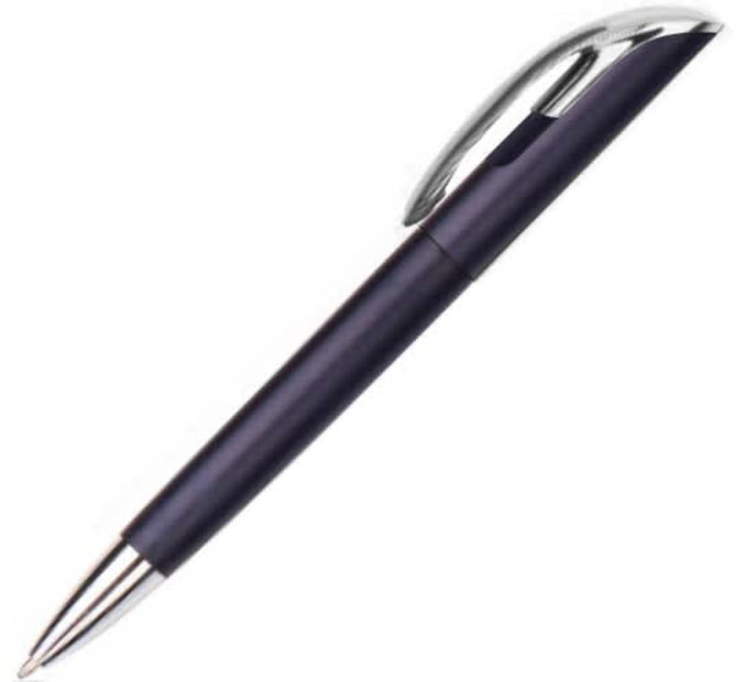 A plastic pen in a dark purple finish with a shiny silver clip. The pen has a sleek design and branding.