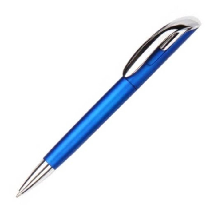 A blue plastic pen with a shiny silver clip and tip, featuring a simple design and a logo.
