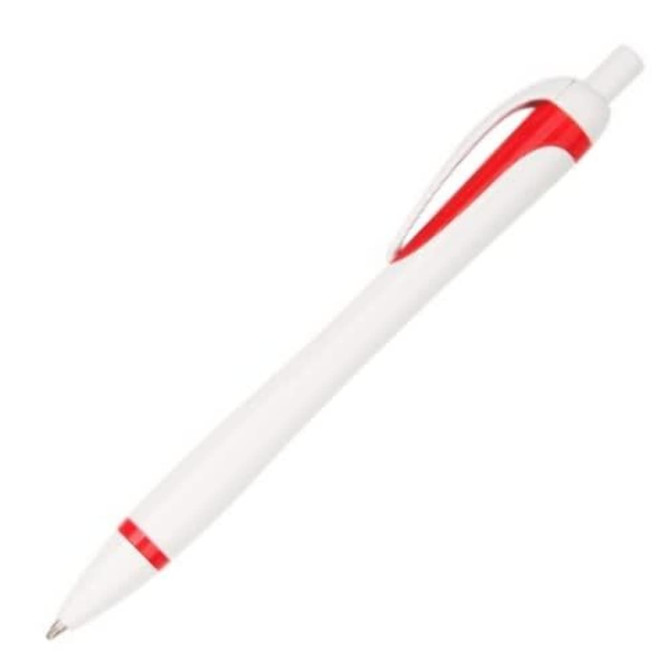 A plastic pen featuring a white body with red accents and a clip, designed for writing.