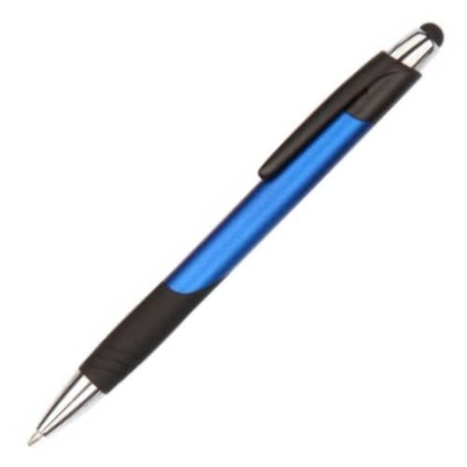 A stylus pen with a blue barrel and black grip, featuring a silver clip and tip. It has a logo on the side.