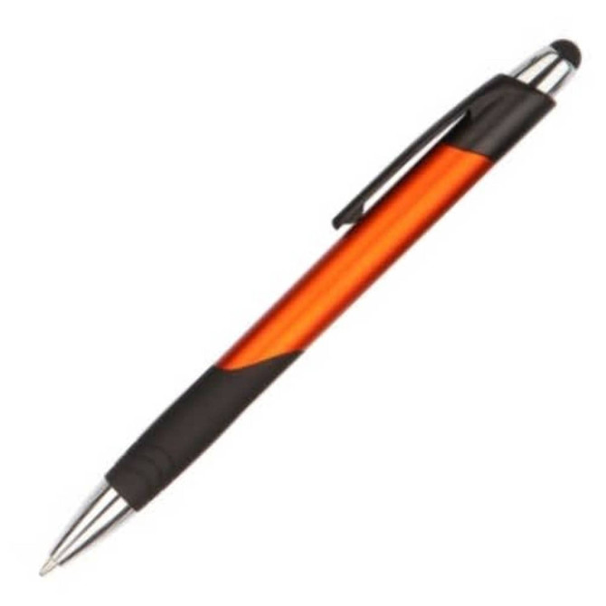 An orange and black stylus pen with a shiny finish and a black grip. It has a logo on the barrel.