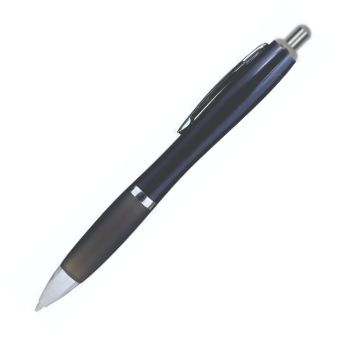 A sleek black plastic pen with a silver accent and a smooth grip, featuring a clip and a shiny tip.