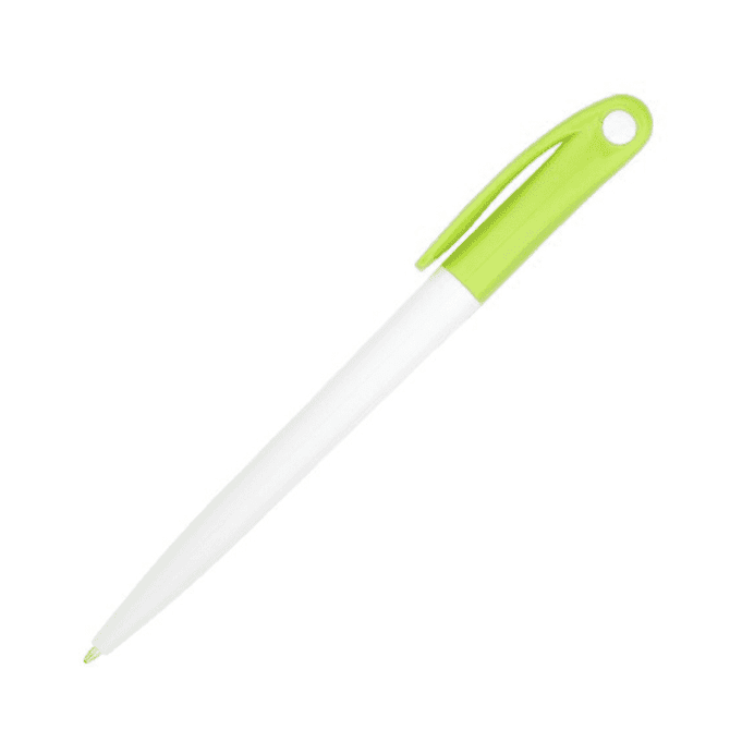A plastic pen featuring a white barrel and a lime green cap, with a logo on the side.