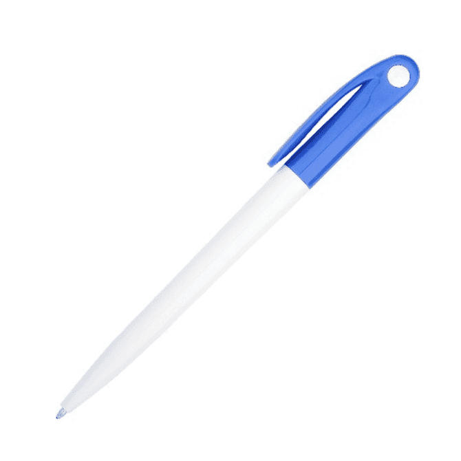 A plastic pen with a blue top and a white barrel, featuring a clip and a rounded end.