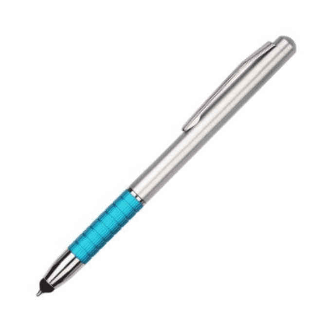 A stylus pen with a silver body and a turquoise textured grip, featuring a clip for easy attachment.