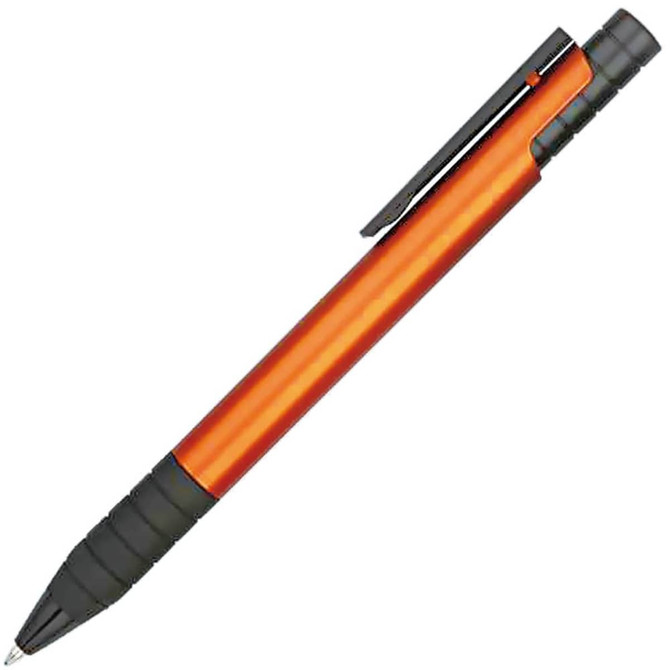 An orange plastic pen with a black grip and clip, featuring a logo on its side.