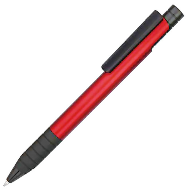 A red plastic pen with a black rubber grip and a clip on top. It features a sleek design and has a logo.