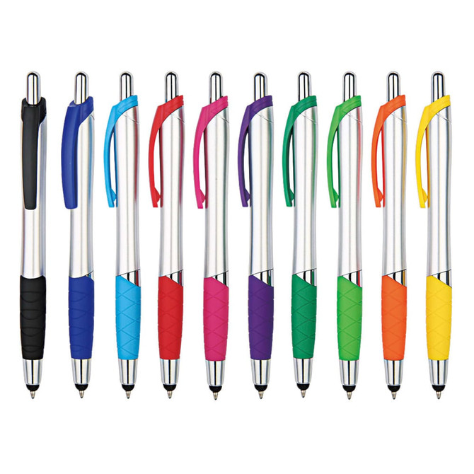 A collection of stylus pens in various colours, featuring a sleek metal design and rubber grips. Each pen has a clip and branding.