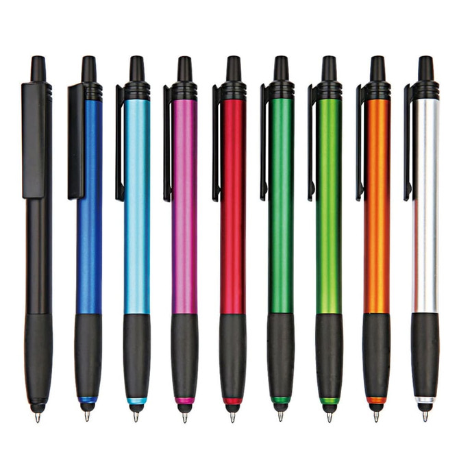 A collection of stylus pens in blue, pink, red, green, orange, black, and silver, featuring a logo on the barrel.