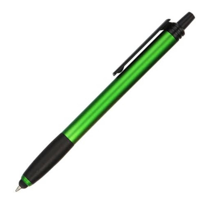 A green stylus pen with a black grip and clip, featuring a logo on its body.