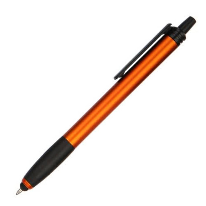 An orange stylus pen with a black grip and clip, featuring a logo on the body.