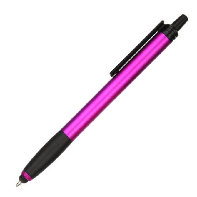 A stylus pen in vibrant pink with a black grip and clip, featuring a silver tip.